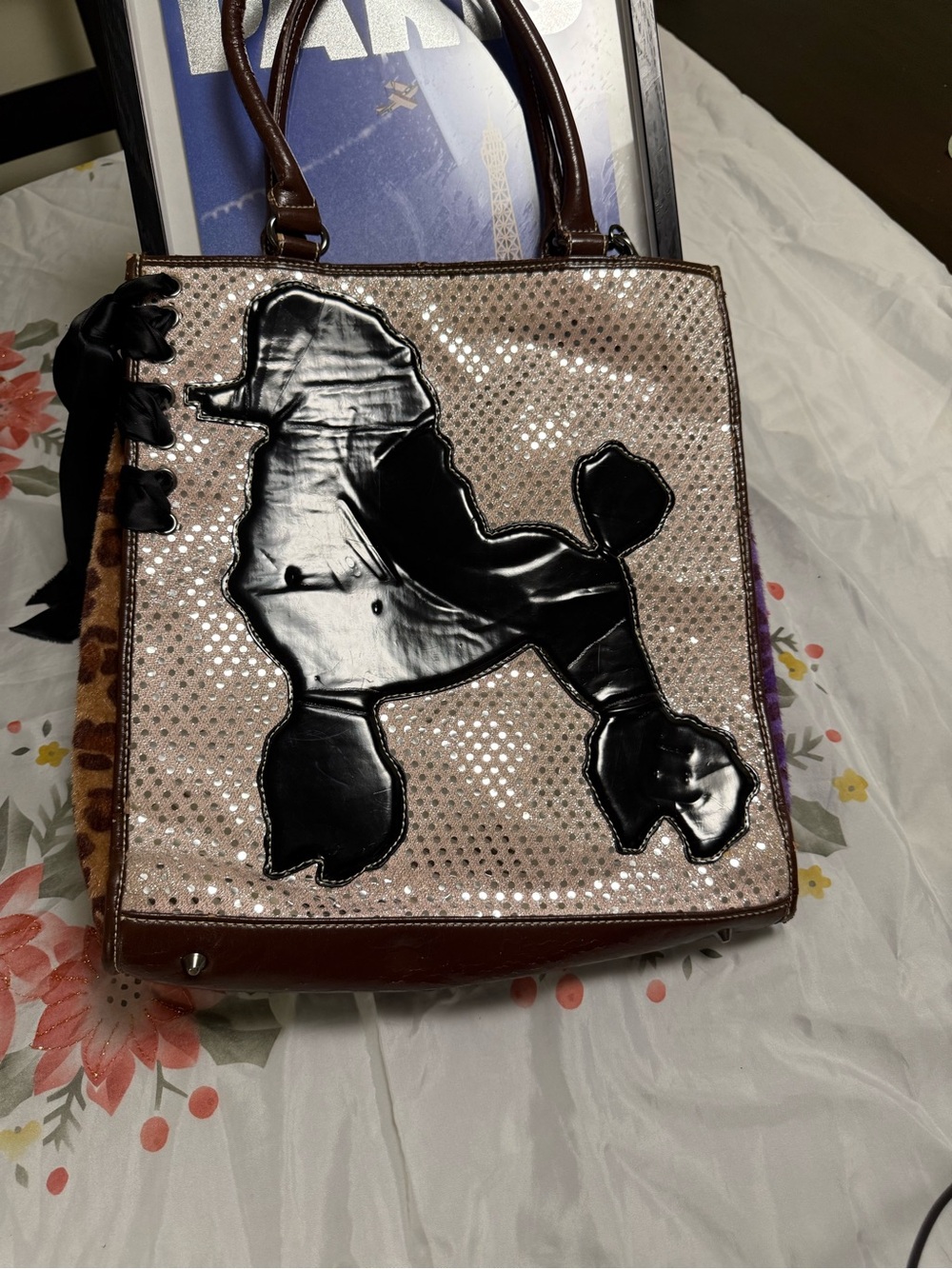 Sequin Poodle Tote Bag with Black Appliqué